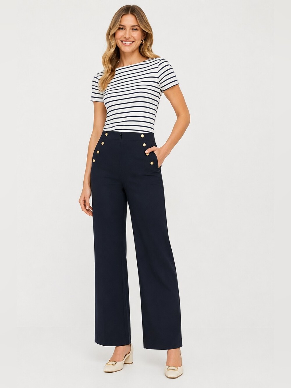 Navy Sailor Slim Flare Pants Size 14 Tall 14T 35" Inseam Gold Button